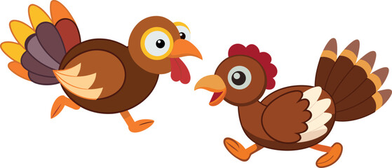 Naklejka premium hen and chicken cartoon, farm animal illustration, poultry bird vector, rural animal design, domestic bird artwork, barn life cartoon, mother and baby hen drawing, cute chicken character, agriculture 