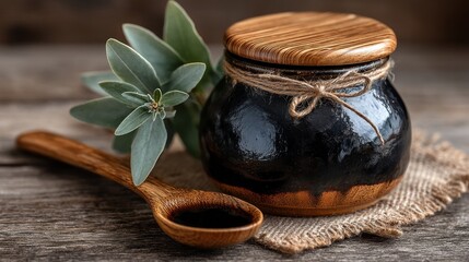 Dark, polished ceramic jar with wooden lid, nestled on a rustic table, holds a dark liquid, accompanied by sage leaves and a wooden spoon.