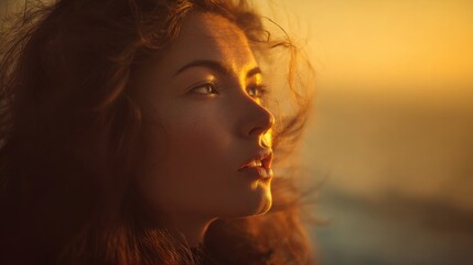 stunning woman s glowing in the golden sunset above the stormy sea, wind in her hair, warm sunlight reflecting in her eyes, ocean waves sparkling