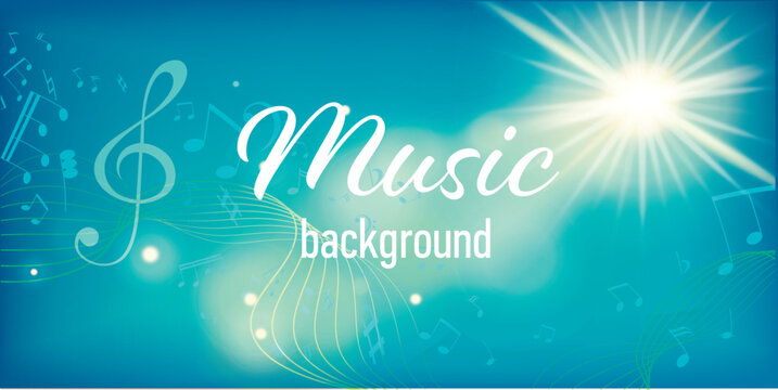Horizontal vector template for a music banner or stream cover featuring a glowing beam of light, dynamic treble clef, curved musical staff, and floating notes. Bright illumination, modern abstract sty