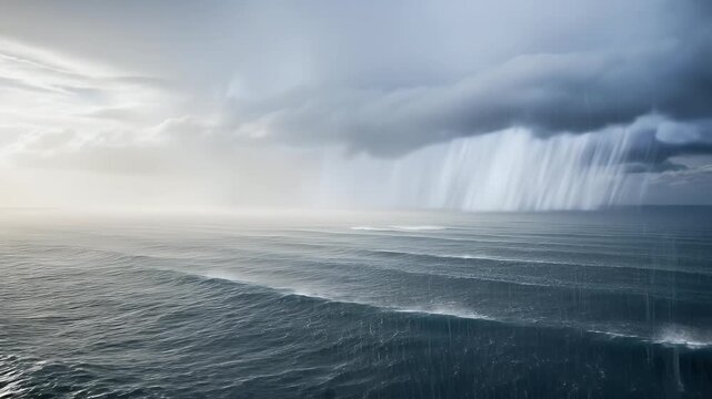 A breathtaking panoramic view of the vast ocean under a dramatic, changing sky. Heavy rain visibly pours from dark, foreboding clouds on the right side of the frame, creating striking streaks of preci