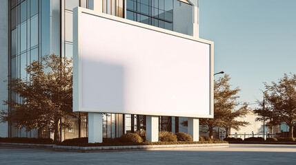 large blank billboard stands in front of modern building, surrounded by trees and shrubs, creating perfect space for advertising. scene is well lit, urban environment