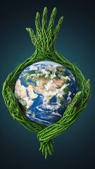 Earth held in hands made of vines, symbolizing environmental protection and care.