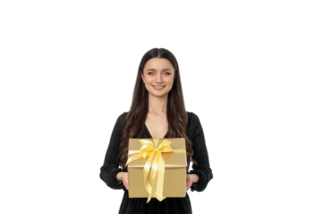 Woman showcases a golden gift box with a ribbon, isolated, PNG