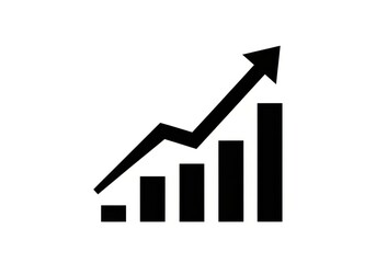 Black bar chart with upward trend arrow isolated on white background