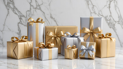 Luxury Christmas presents with metallic gold and silver wrapping, elegant marble background