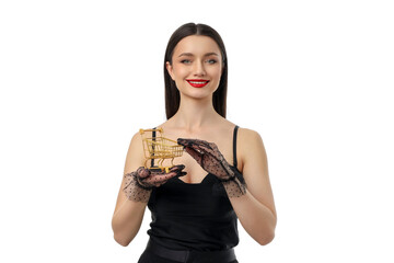 Woman with stylish gloves showing a gold shopping cart, isolated, PNG