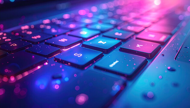 Tech Touch: A close-up shot of a modern laptop keyboard, illuminated with a vibrant display, symbolizing connectivity and technology. 