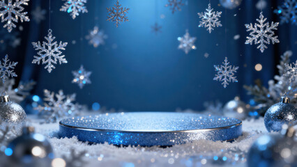 Sparkling winter scene with round platform surrounded by silver snowflakes and ornaments, set against blue background, evokes festive and luxurious atmosphere