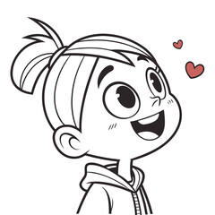 A cute cartoon girl with a ponytail looking up with hearts