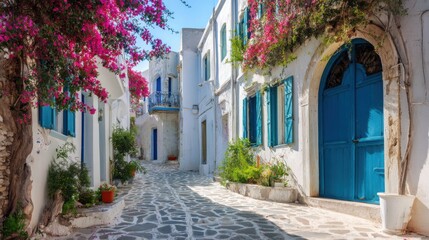 Fototapeta premium Traditional Mediterranean village street with whitewashed houses, bright blue doors, blooming bougainvillea, and cobblestone pavement under soft