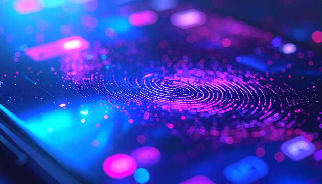 Digital Security: A close-up shot of a smartphone screen displaying a glowing fingerprint, symbolizing advanced digital security and biometric authentication. - Powered by Adobe