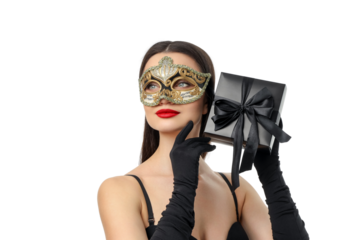 Chic woman in mask poses with gift box, isolated, PNG
