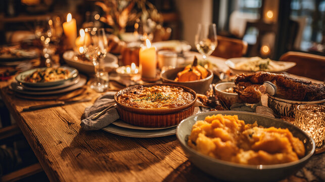 A thanksgiving feast spread across a rustic wooden table with candles and wine glasses