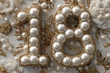 Elegant Pearl Embellished Number 18 on Decorative Fabric Background