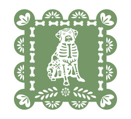 Papel Picado. Traditional Mexican paper cutouts for holiday paper garlands. Mexican flag vector template with dogs, flowers, and ornaments.