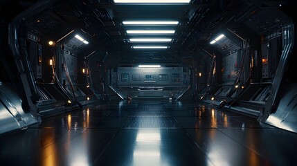 Sleek spaceship interior showcases futuristic design and ambient lighting a serene sci fi exploration