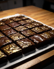 A tray of freshly baked chocolate brownies with a glossy chocolate glaze, cut into perfect squares.