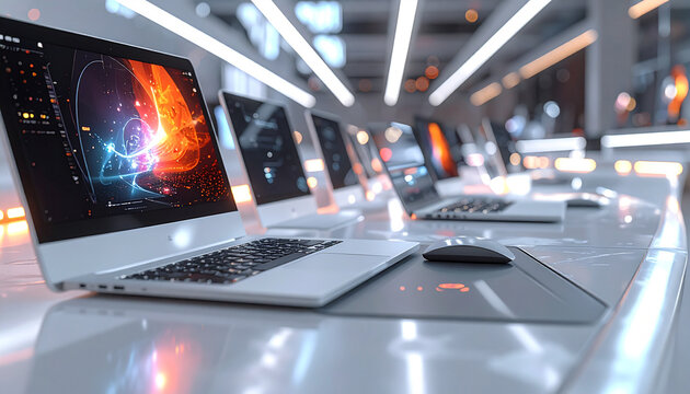 Technology Display: A sleek array of modern laptops, illuminated by ambient light, displays intricate digital interfaces, conveying the future of innovation and technological advancement.