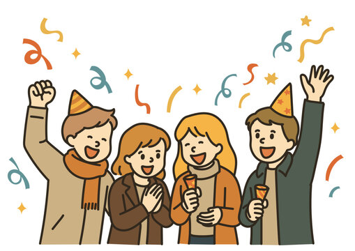 クラッカーでお祝いをする男女グループのイラスト