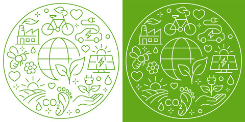 A minimalist circular eco icon composition illustrating sustainability, clean energy, recycling, low CO2, green transport, and nature protection.