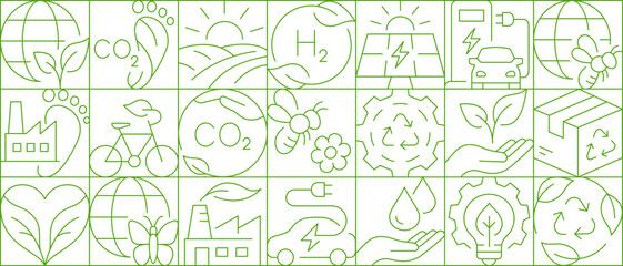 Minimalist linear composition of eco-symbols illustrating sustainable development, clean energy, recycling, emissions, and environmental protection.