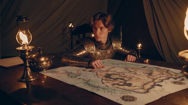 Knight studies map on table. Armor gleams under lantern light. Medieval commander plots campaign strategy inside tent. Map shows river mountain symbols for troop movement. Silent focus suggests plan.