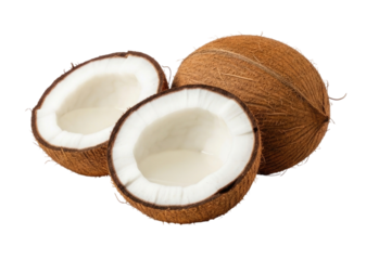 Whole and halved coconut transparent background cutout png
