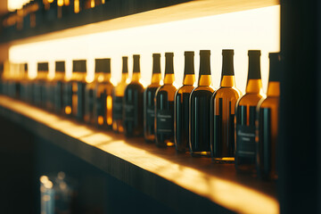 Backlit wine bottles displayed on shelf