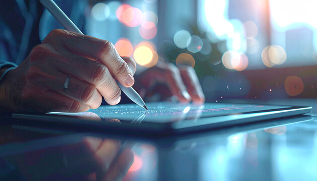 Digital Scribble: A close-up showcases a person's hands expertly using a digital stylus on a sleek tablet, highlighting the fusion of technology and creativity, illuminated by ambient city lights.