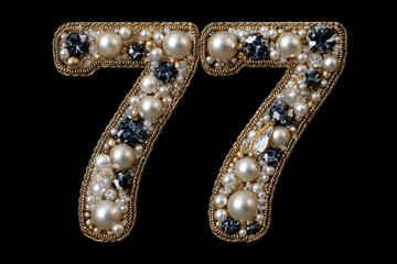 Decorative Number 77 Adorned with Pearls and Gemstones on Black Background