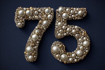 Celebratory Decorative Number 75 with Pearls and Gems on Dark Background