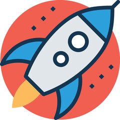 Rocket Ship Launching into Space Against a Red Circle Background with Stars and Flames Emitting from the Engine