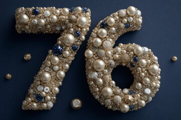 Decorated number seventy-six with elegant pearls and gems on blue background