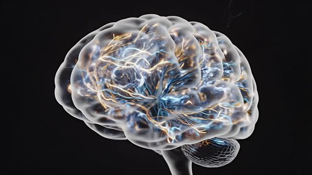 A captivating 3D render of a transparent human brain, dynamically animated with intricate glowing neural pathways and external electrical discharges against a deep black background. This powerful conc