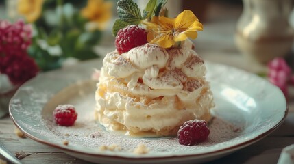 dessert styled like a 1950s cookbook with film grain and soft tones, vintage film look 