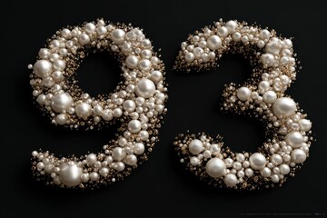 Creative Display of Number 93 Made of Various Pearls on Black Background