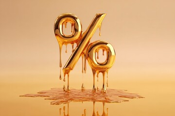 3D golden percent symbol melting into shiny liquid surface, modern abstract design for finance and sales concept.