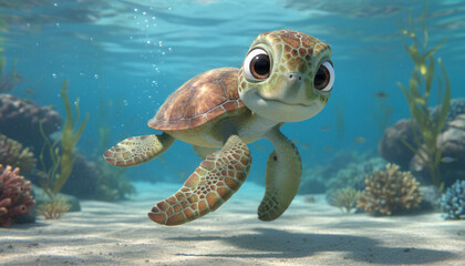 Cute Cartoon Baby Sea Turtle Swimming Underwater Happily