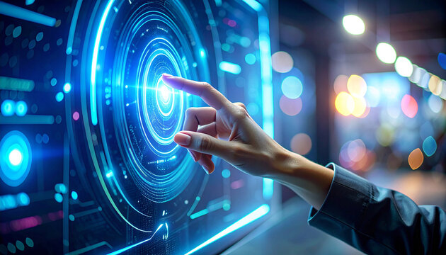 Interactive Touchscreen: A person's finger hovers over a futuristic touchscreen interface, highlighting the cutting-edge technology and innovation in action.