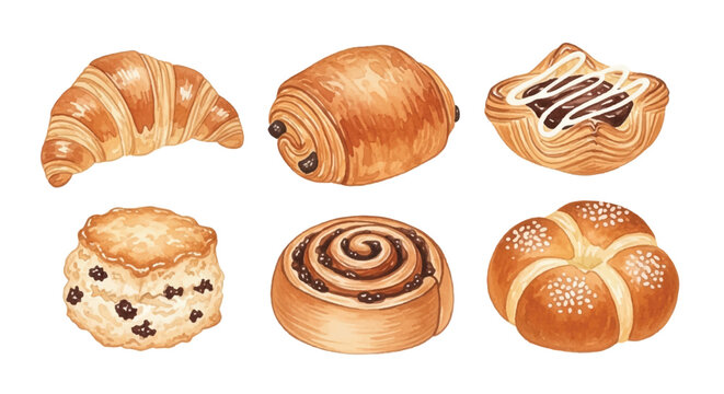 Watercolor French Bakery Pastries Set Croissant Pain au Chocolat Buns