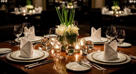 Elegant fine dining table setting with delicate orchids, candlelight, and crystal accents for a sophisticated celebration or romantic evening event