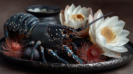 A detailed still life composition featuring a dark-blue lobster amongst delicate white flowers and textured botanical elements, set on an ornate dark tray.