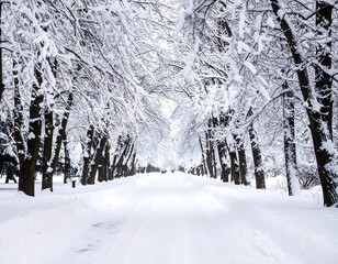 Snow-covered alley of trees in a winter park