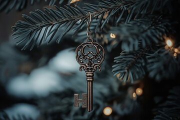 Historic key decor on pine branch reflects home legacy
