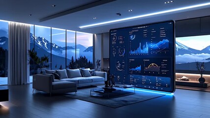 Modern Living Room with Panoramic Mountain View and Futuristic Data Display Screen at Dusk - Powered by Adobe