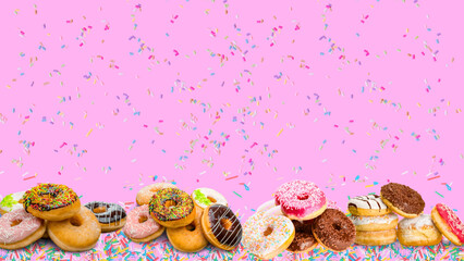 Delicious assortment of donuts on a pink background with colorful sprinkles celebration of sweet
