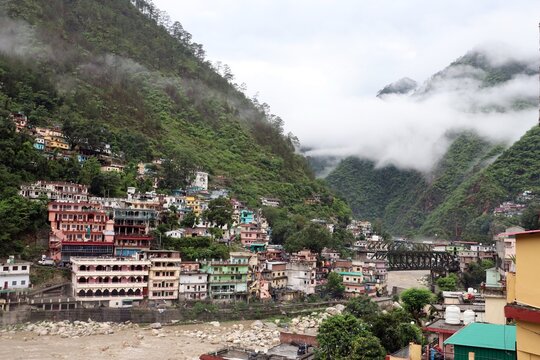 Day and night scenes of Karn Prayag, a town with tourist resorts enroute to Badrinath, famous Himalayan tourist centre in India.