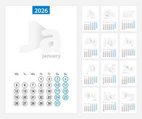 Calendar 2026, blue circle design. English language, week starts on Monday.