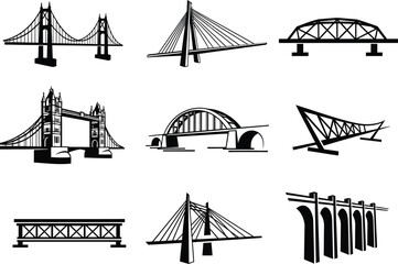 Collection of diverse architectural bridge designs hand drawn in a sketchy artistic black and white illustration style
